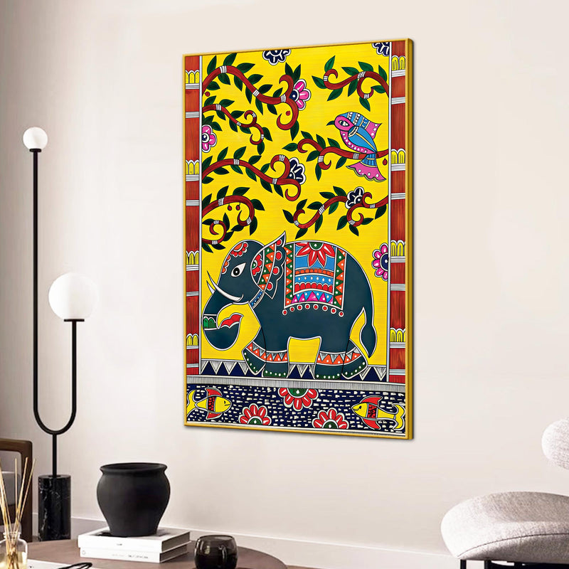 Traditional Indian Elephant Canvas Painting | Folk Art Wall Decor for Living Room & Gifting