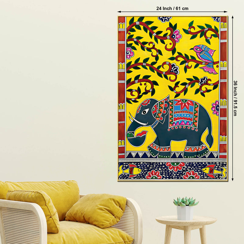 Traditional Indian Elephant Canvas Painting | Folk Art Wall Decor for Living Room & Gifting