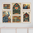 Traditional Indian Floral and Peacock Wall Frame Set of 6