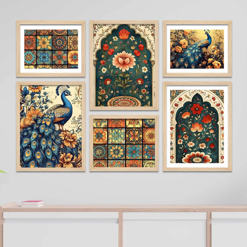Traditional Indian Floral and Peacock Wall Frame Set of 6