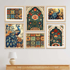 Traditional Indian Floral and Peacock Wall Frame Set of 6