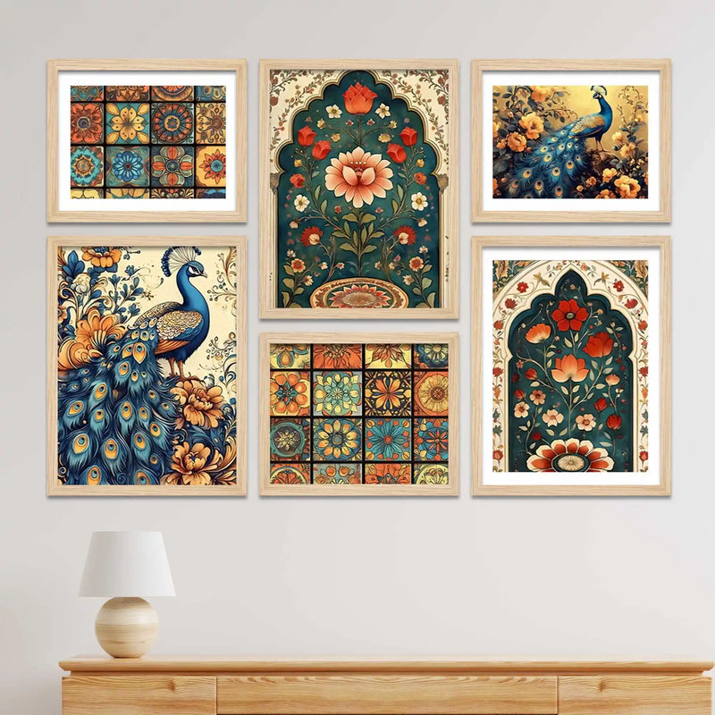 Traditional Indian Floral and Peacock Wall Frame Set of 6