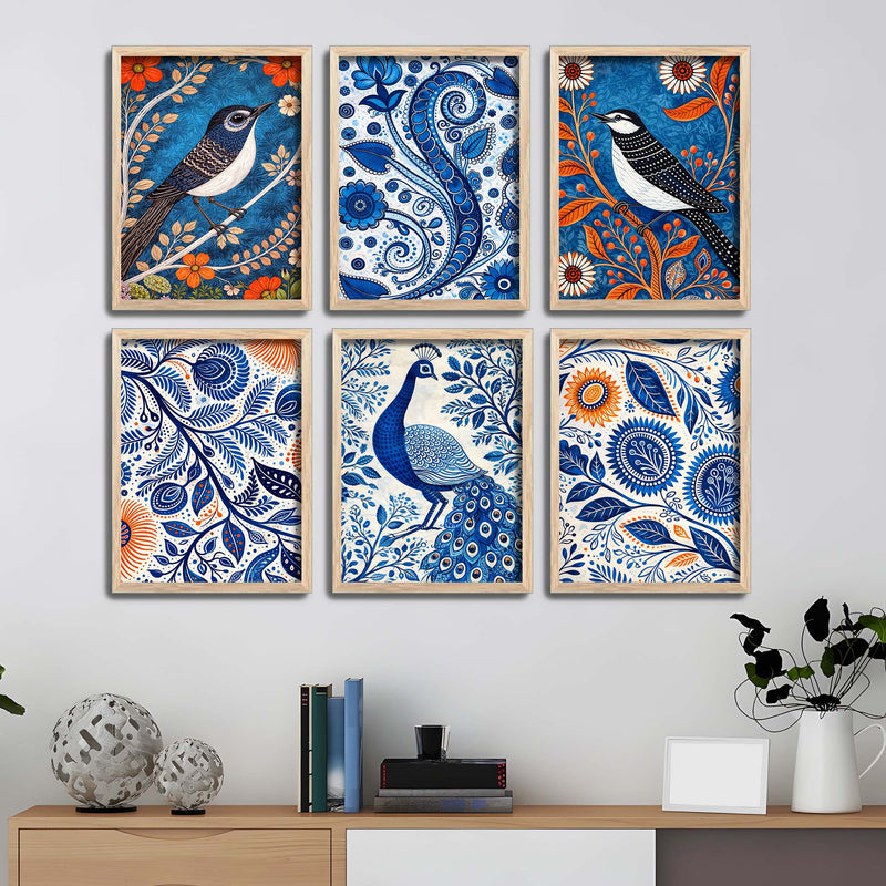 Traditional Indian Floral & Bird Wall Frame Set of Six