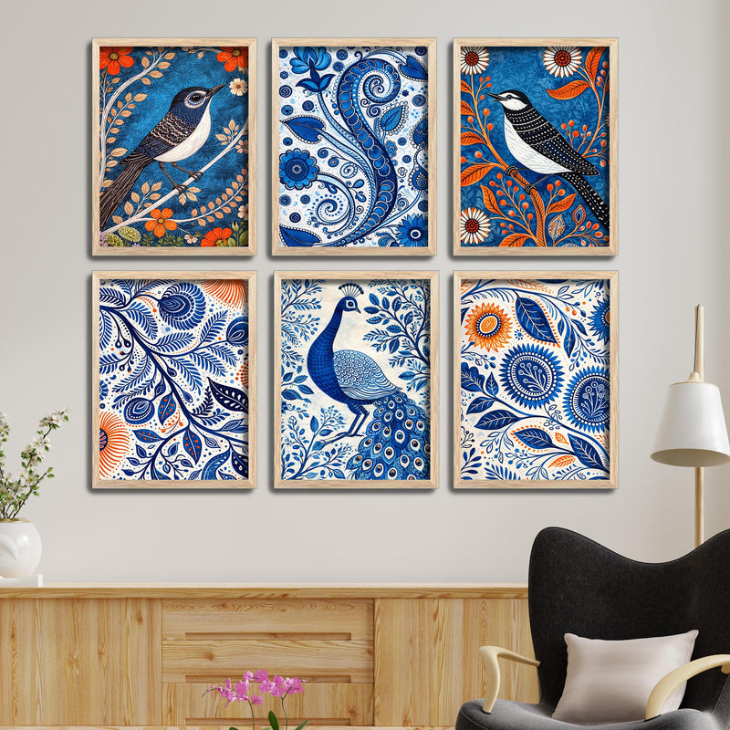 Traditional Indian Floral & Bird Wall Frame Set of Six