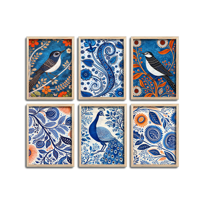 Traditional Indian Floral & Bird Wall Frame Set of Six