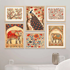 Traditional Indian Floral Wall Art Frame Set of 6