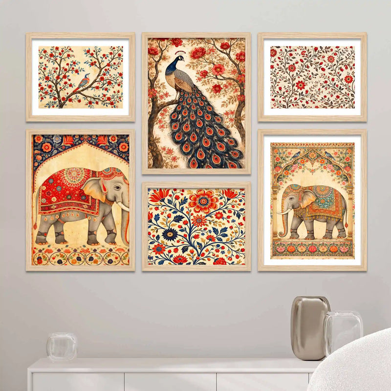 Traditional Indian Floral Wall Art Frame Set of 6