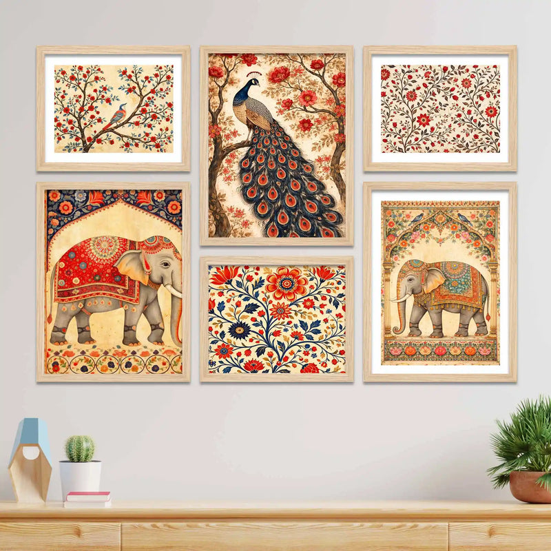 Traditional Indian Floral Wall Art Frame Set of 6