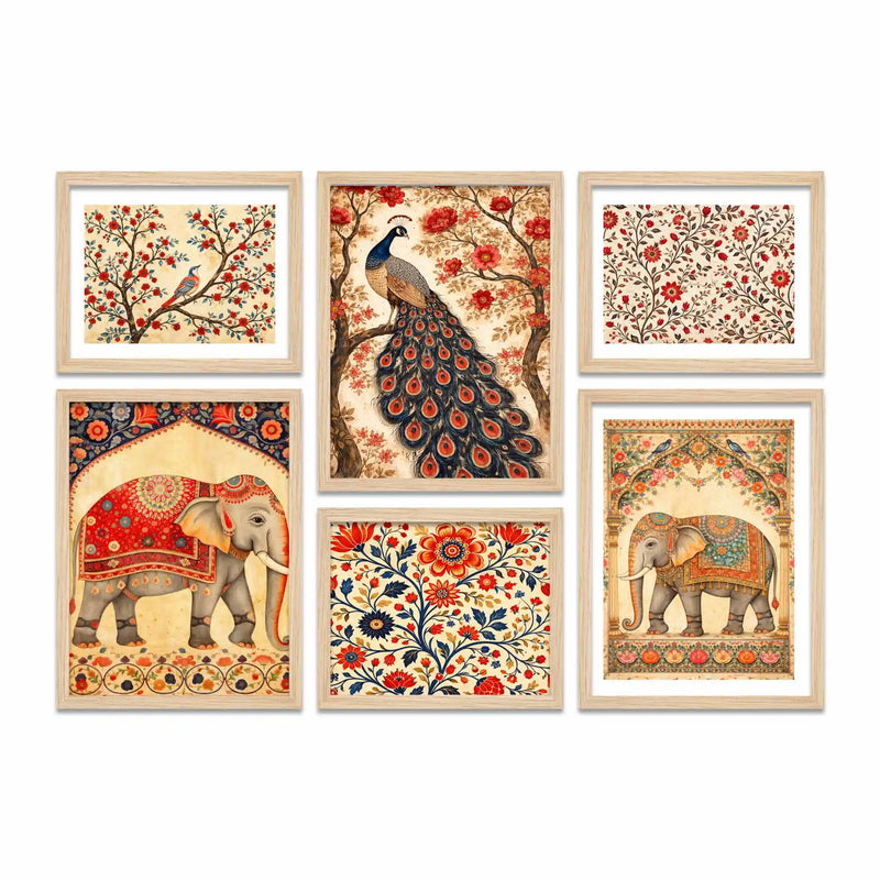 Traditional Indian Floral Wall Art Frame Set of 6