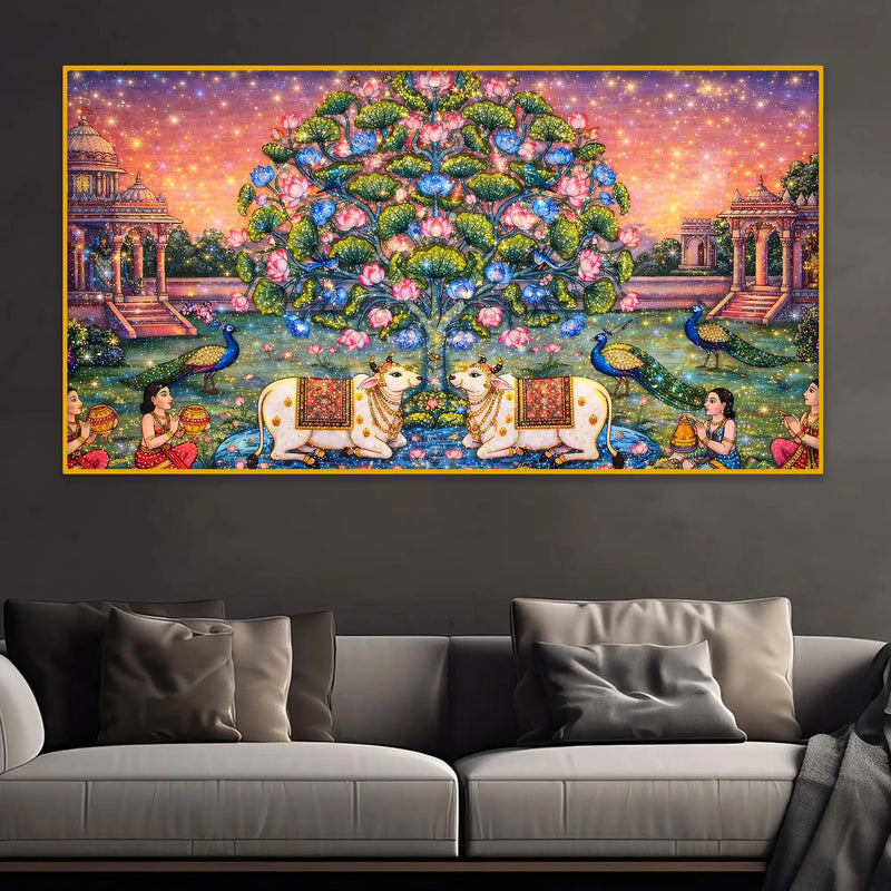 Traditional Indian Gau Mata Painting Crystal Glass Wall Art for Festive Home Décor