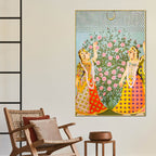 Traditional Indian Gopikas Under the Moon Pichwai Canvas Painting