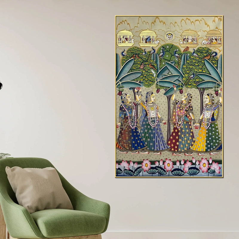 Traditional Indian Gopis Dance Scene Pichwai Inspired Canvas Wall Painting