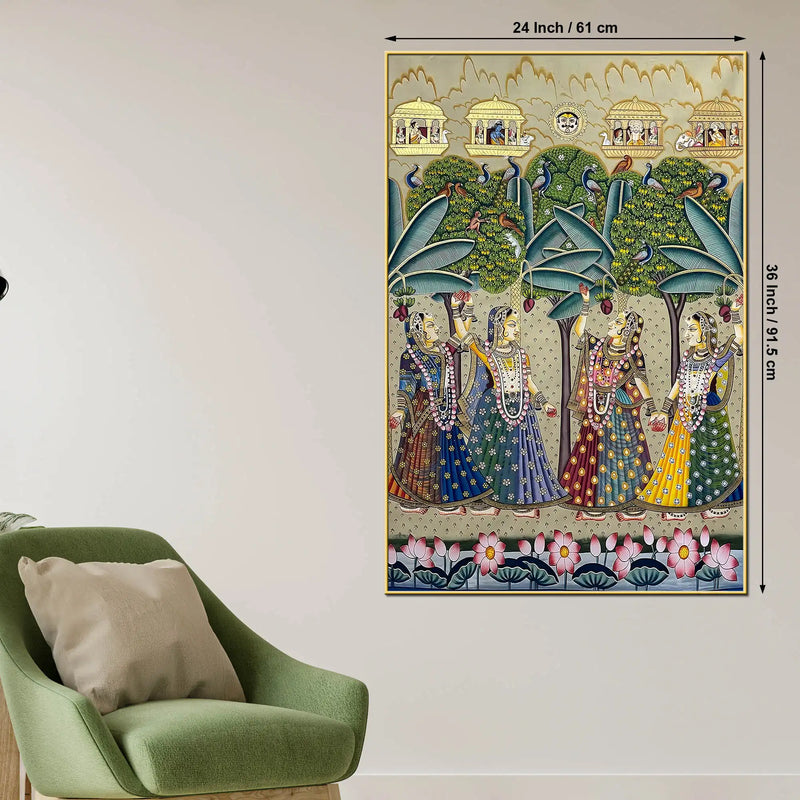 Traditional Indian Gopis Dance Scene Pichwai Inspired Canvas Wall Painting