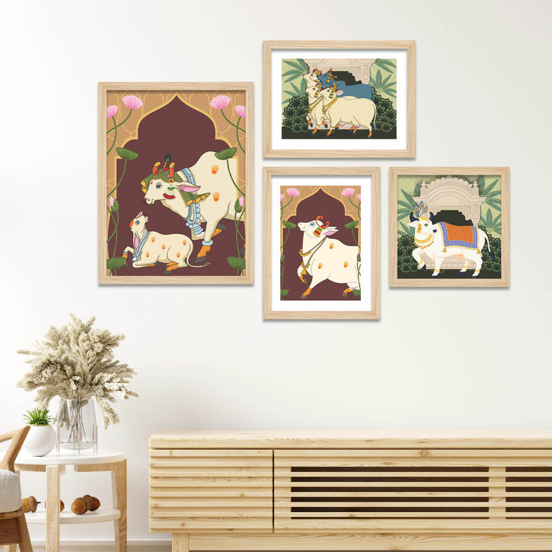 Traditional Indian Pichwai Cow Wall Frame Set of Four