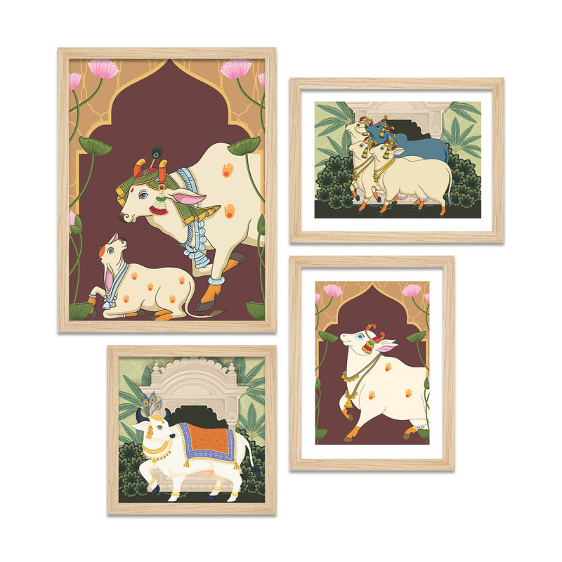 Traditional Indian Pichwai Cow Wall Frame Set of Four