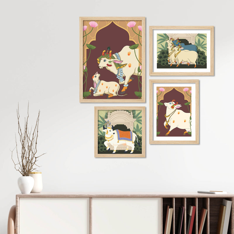 Traditional Indian Pichwai Cow Wall Frame Set of Four