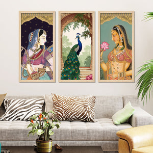 Traditional Indian Queen Art Wooden Wall Frame Set of Three