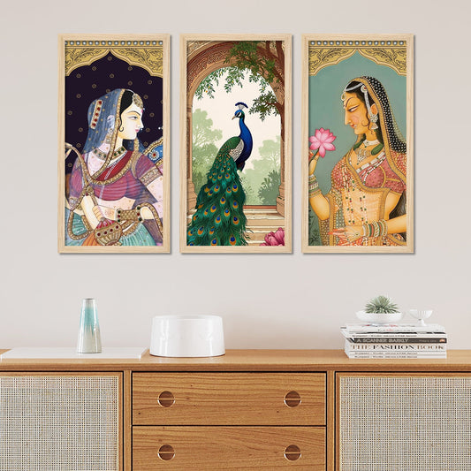 Traditional Indian Queen Art Wooden Wall Frame Set of Three