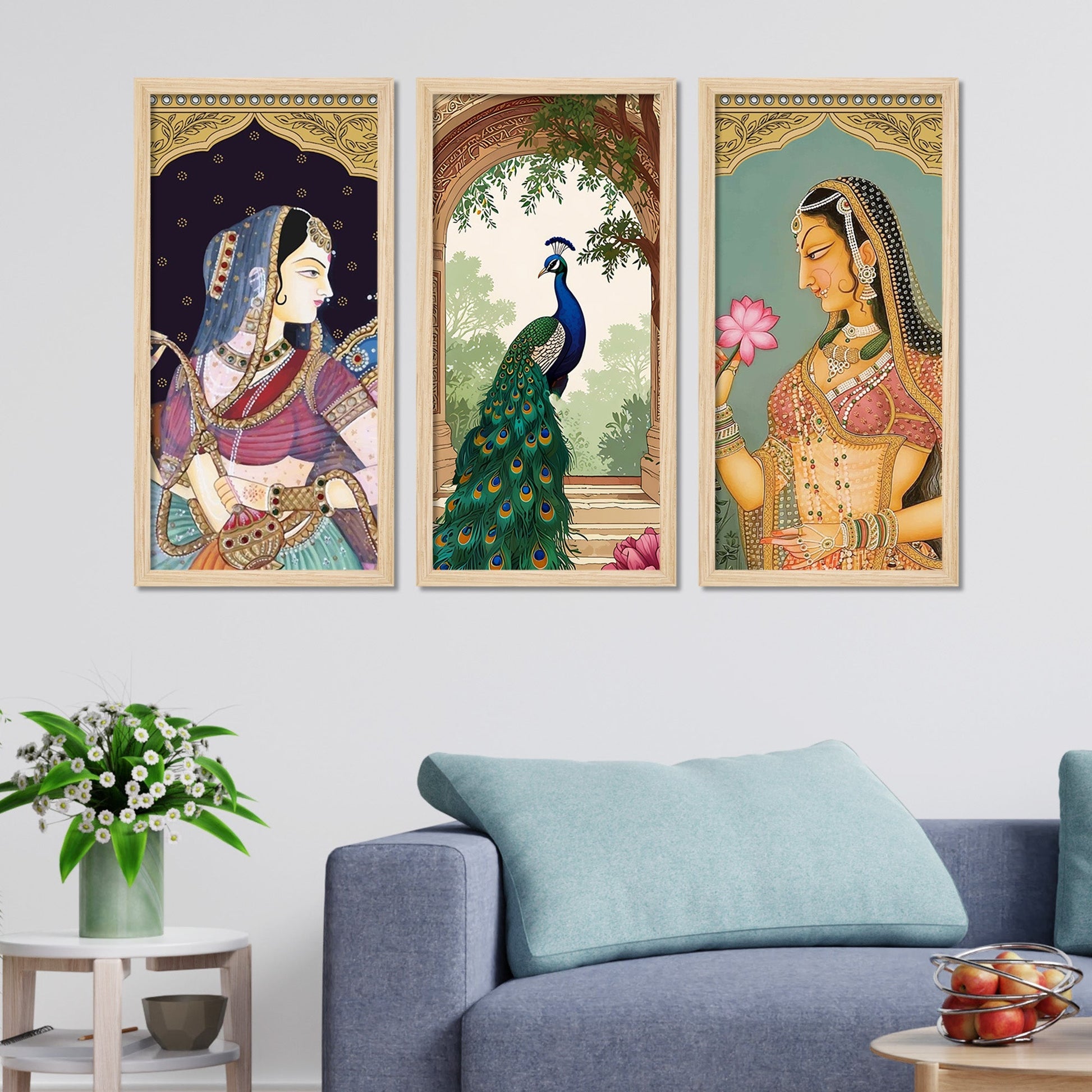 Traditional Indian Queen Art Wooden Wall Frame Set of Three