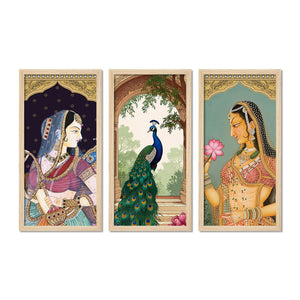 Traditional Indian Queen Art Wooden Wall Frame Set of Three