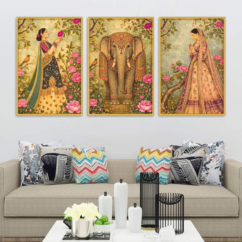 Traditional Indian Royal Canvas Wall Painting Set of 3