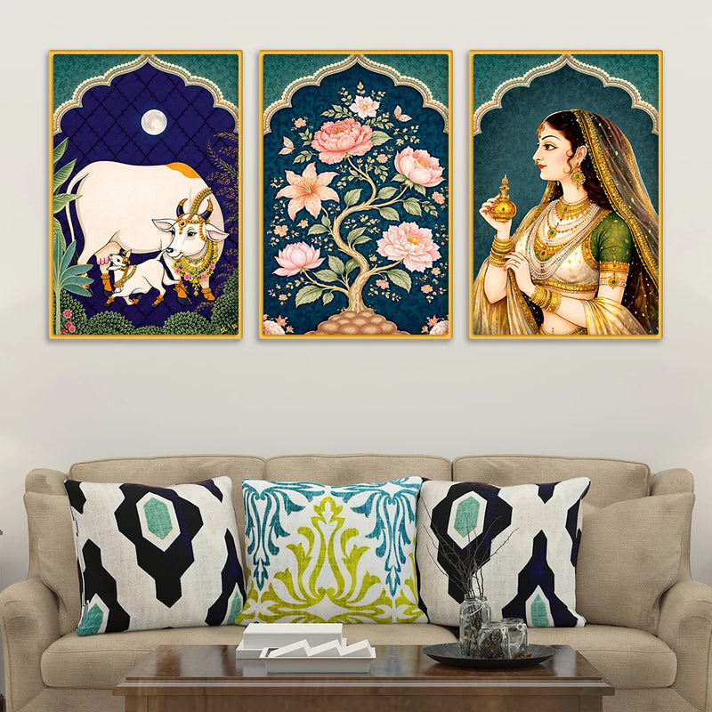 Traditional Indian Royal Canvas Wall Painting Set of Three
