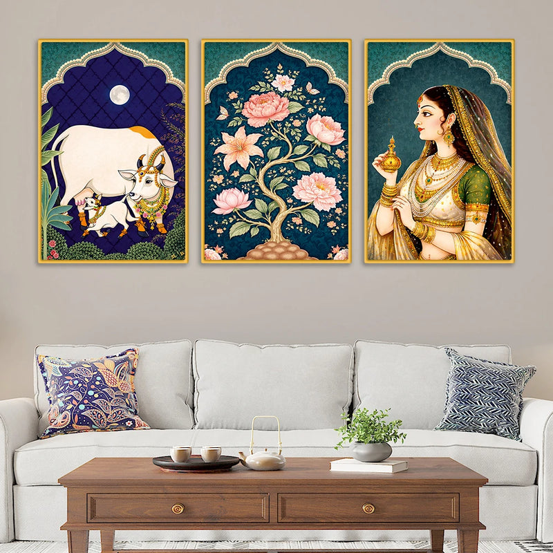 Traditional Indian Royal Canvas Wall Painting Set of Three