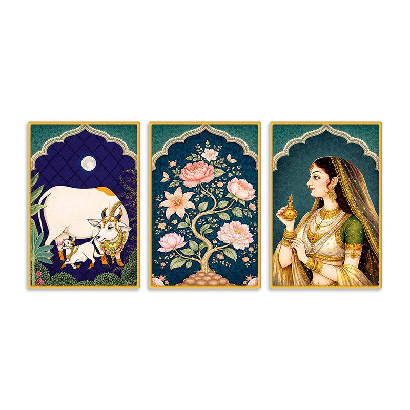 Traditional Indian Royal Canvas Wall Painting Set of Three