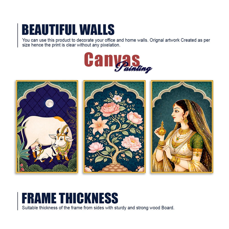 Traditional Indian Royal Canvas Wall Painting Set of Three