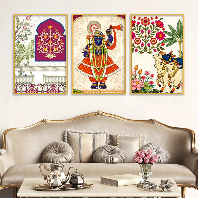Traditional Indian Wall Art Canvas Painting Set of Three