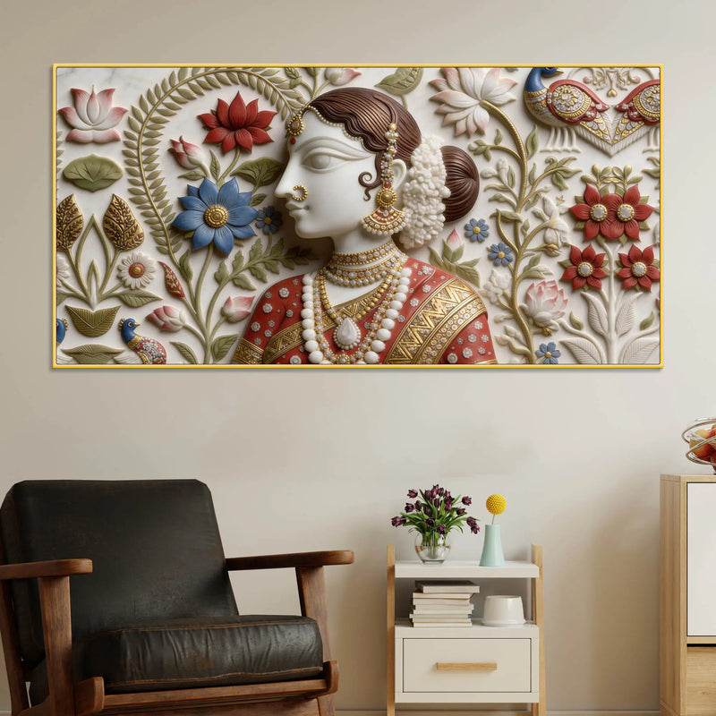 Traditional Indian Woman Floral Relief 3D Effect Canvas Wall Painting