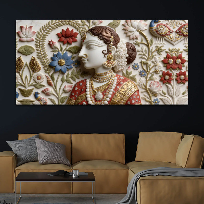 Traditional Indian Woman Floral Relief 3D Effect Canvas Wall Painting