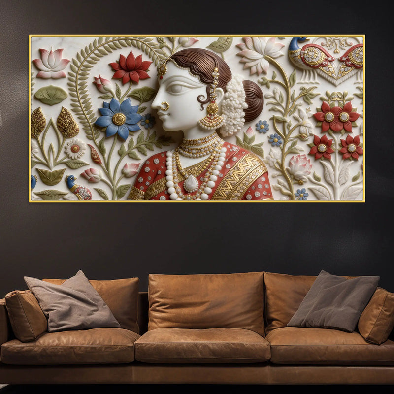 Traditional Indian Woman Floral Relief 3D Effect Canvas Wall Painting