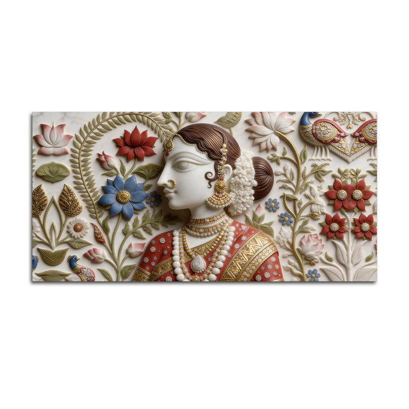 Traditional Indian Woman Floral Relief 3D Effect Canvas Wall Painting