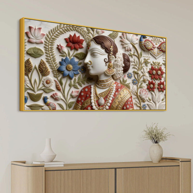 Traditional Indian Woman Floral Relief 3D Effect Canvas Wall Painting