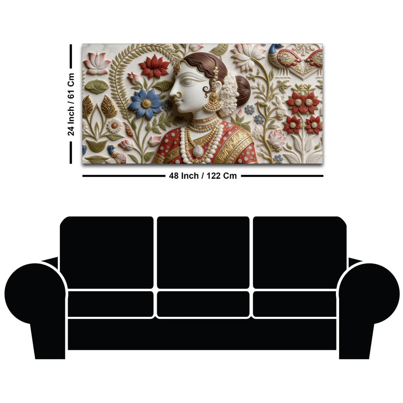 Traditional Indian Woman Floral Relief 3D Effect Canvas Wall Painting