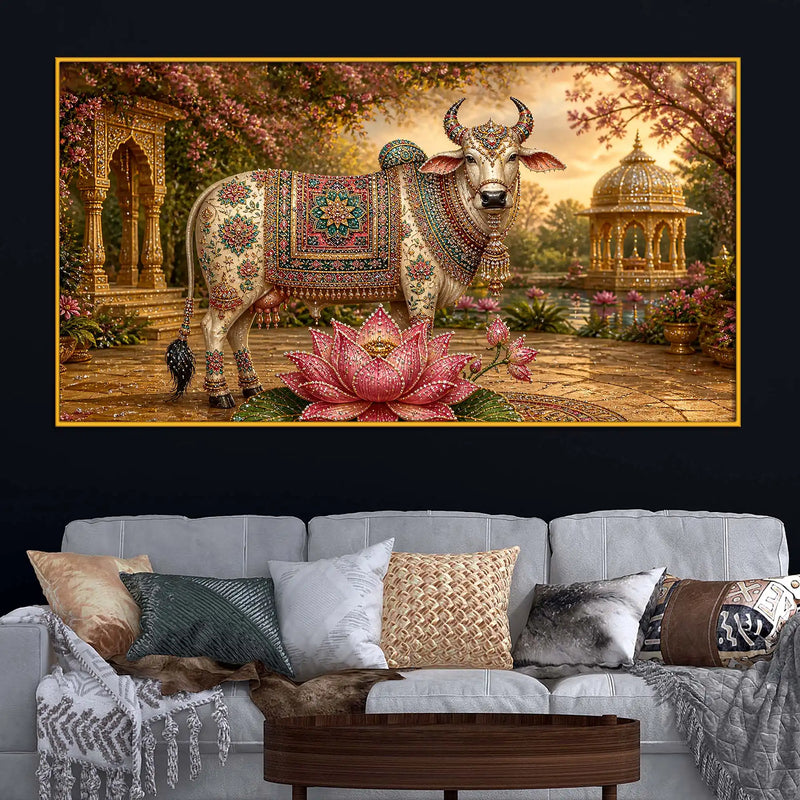 Traditional Kamdhenu Floating Frame Crystal Wall Painting