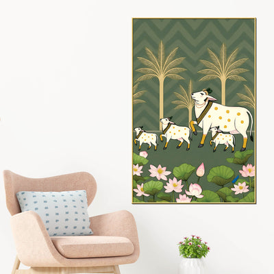 traditional-kamdhenu-pichwai-canvas-painting-cow-calf-wall-decor-painting