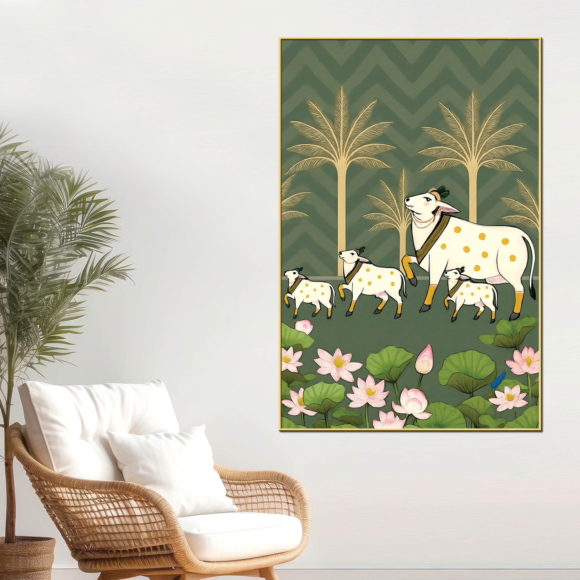 Traditional Kamdhenu Pichwai Canvas Painting | Cow Calf Wall Decor Painting