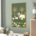 Traditional Kamdhenu Pichwai Canvas Painting | Cow Calf Wall Decor Painting