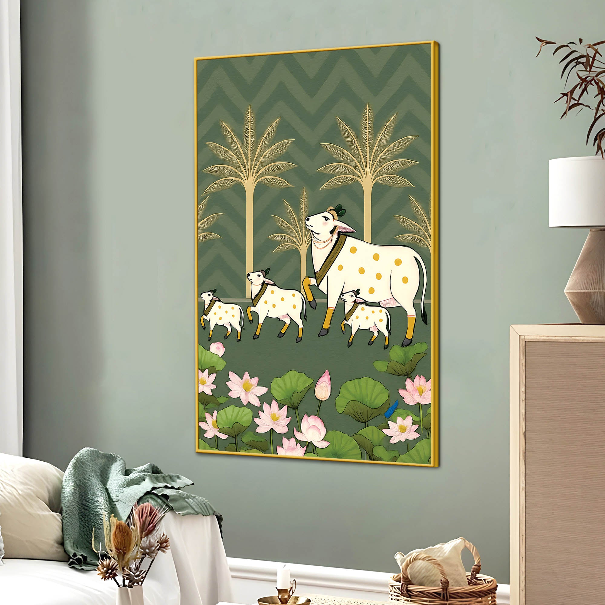 Traditional Kamdhenu Pichwai Canvas Painting | Cow Calf Wall Decor Painting