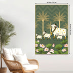 Traditional Kamdhenu Pichwai Canvas Painting | Cow Calf Wall Decor Painting