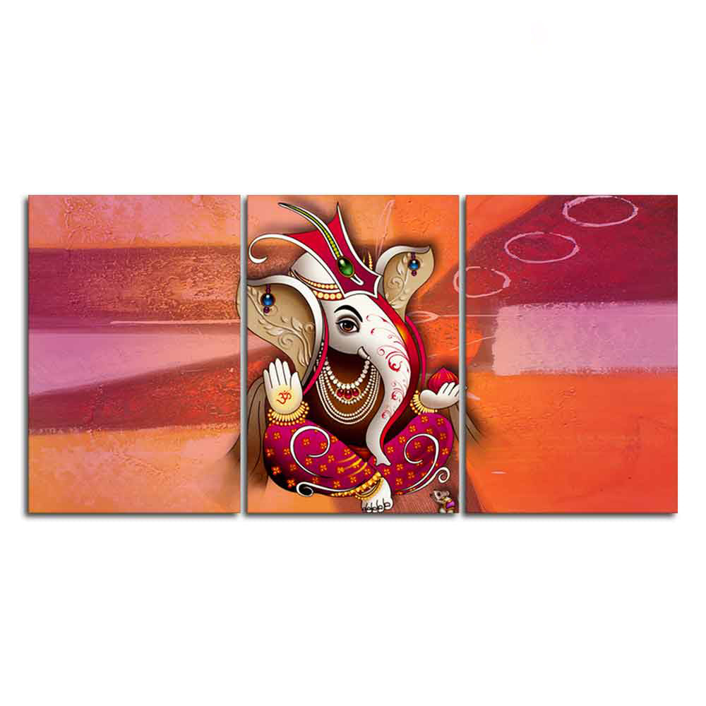 Traditional Lord Ganesh 3 Pieces Canvas Wall Painting