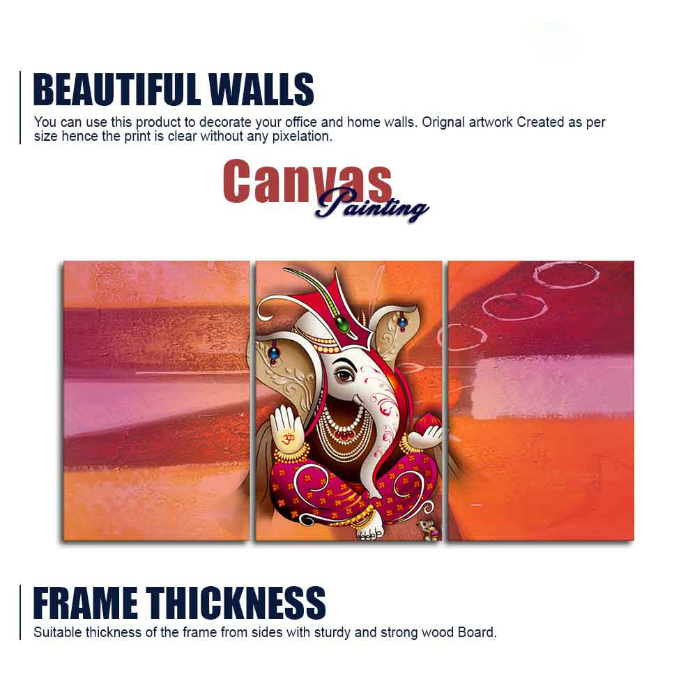 Traditional Lord Ganesh 3 Pieces Canvas Wall Painting