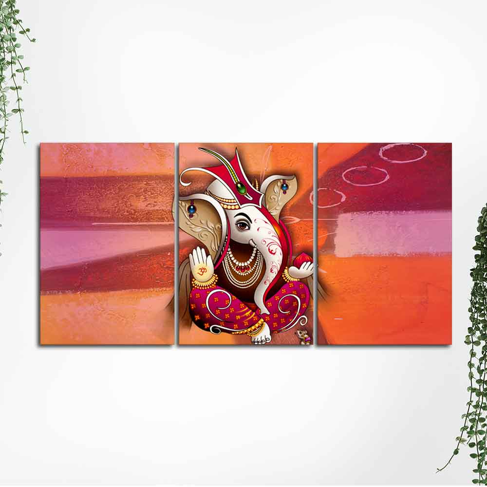 Traditional Lord Ganesh 3 Pieces Canvas Wall Painting