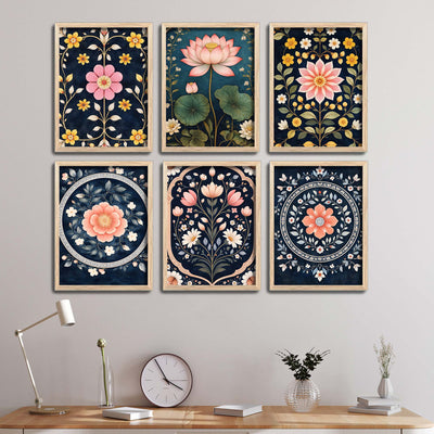 Traditional Lotus Floral Wall Frame Set of Six