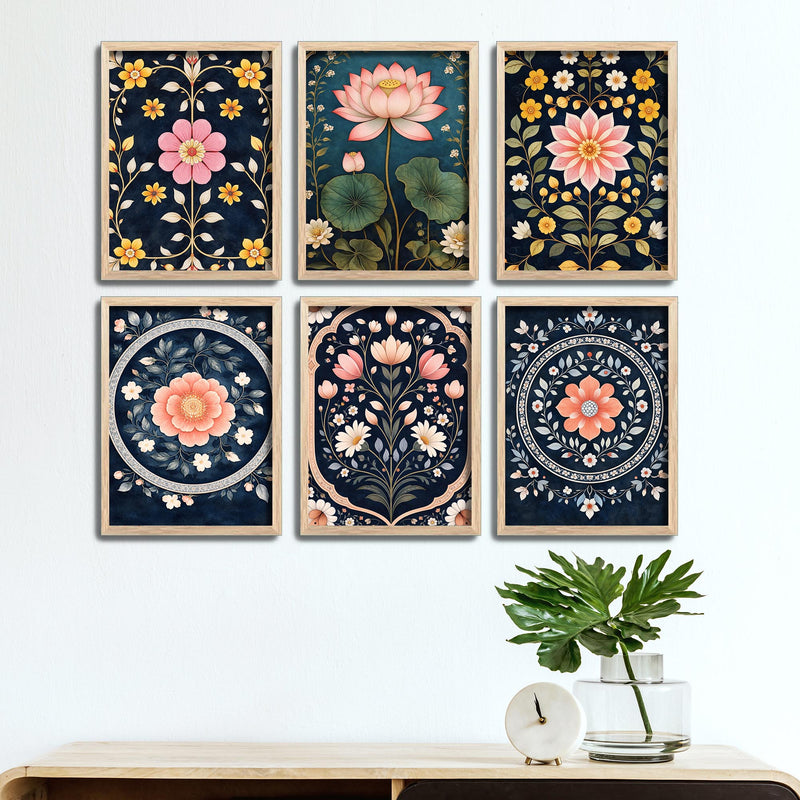 Traditional Lotus Floral Wall Frame Set of Six