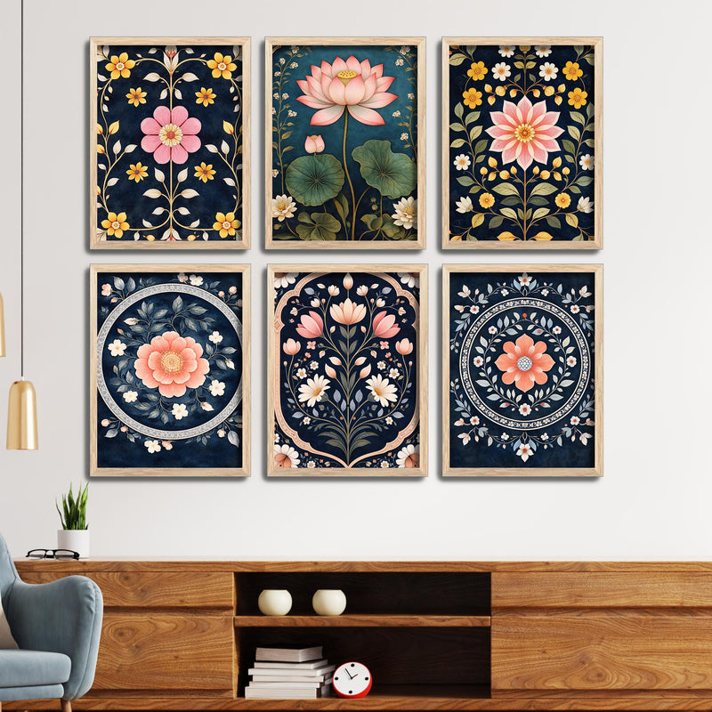 Traditional Lotus Floral Wall Frame Set of Six