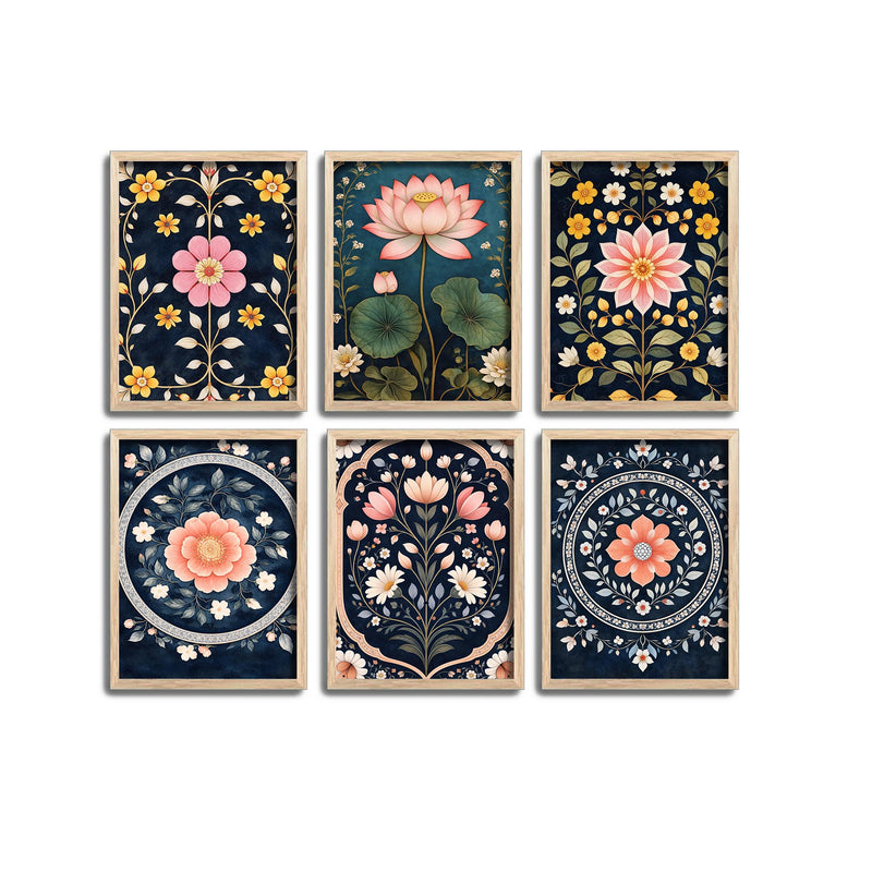 Traditional Lotus Floral Wall Frame Set of Six