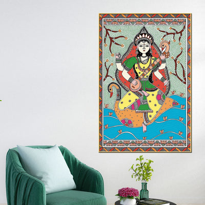 Traditional Madhubani Goddess Saraswati Canvas Painting